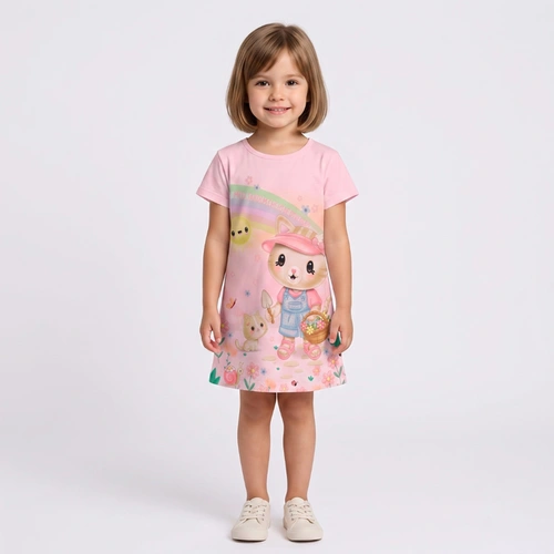 Vestido Infantil Menina Malha Estampado Gatinha Rovi Kids