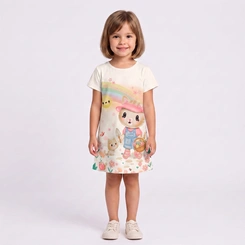 Vestido Infantil Menina Malha Estampado Gatinha Rovi Kids