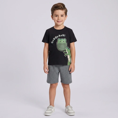 Conjunto Infantil Menino Camiseta E Bermuda Dinossauro Rovi Kids