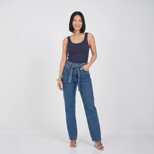 Calça Jeans Feminina Reta Com Faixa Max Denim