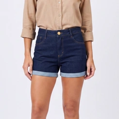 Short Feminino Jeans Cintura Alta com Barrado Max Denim