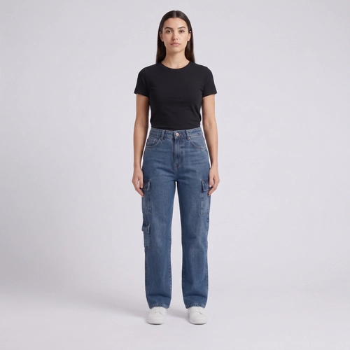 Calça Jeans Feminina Wide Leg Cargo Kult