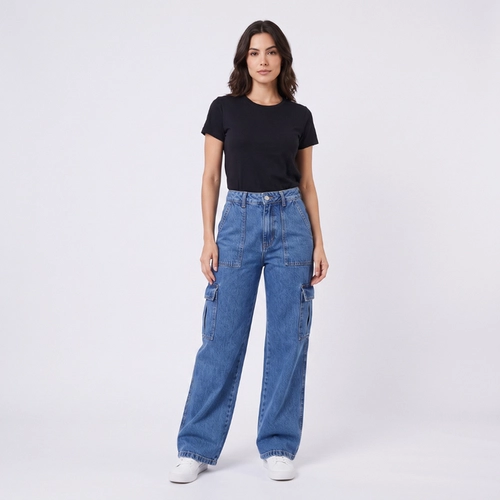 Calça Jeans Feminina Wide Leg Cargo Kult