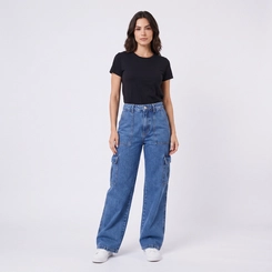 Calça Jeans Feminina Wide Leg Cargo Kult