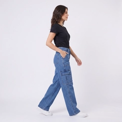 Calça Jeans Feminina Wide Leg Cargo Kult