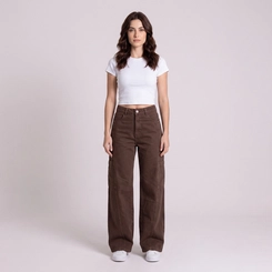 Calça Jeans Feminina Wide Leg Marrom Com Recortes Kult