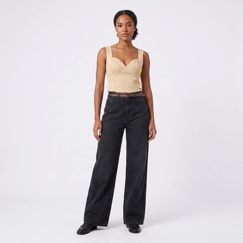 Calça Jeans Feminina Wide Leg Com Cinto Kult
