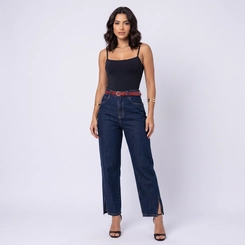Calça Jeans Feminina Reta Com Cinto Kult