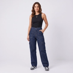 Calça Jeans Feminina Wide Leg Cargo Kult