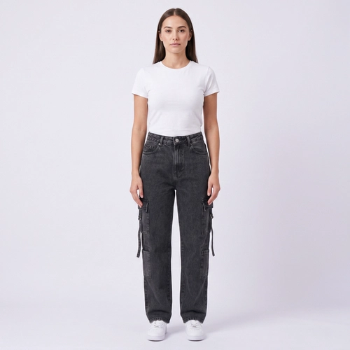 Calça Jeans Feminina Wide Leg Cargo Preta Kult