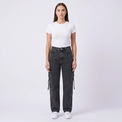Calça Jeans Feminina Wide Leg Cargo Preta Kult