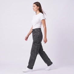 Calça Jeans Feminina Wide Leg Cargo Preta Kult
