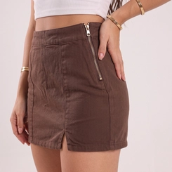 Short Saia Jeans Feminino Cintura Alta Com Zíper Lateral Monjua