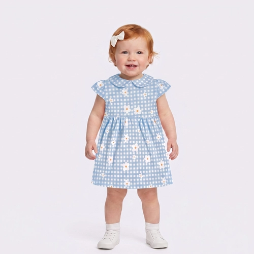 Vestido Infantil Menina Xadrez Floral Gola Boneca Manga Curta Upalôo