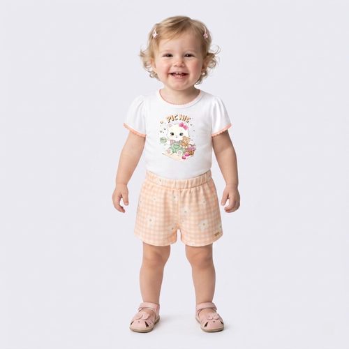 Conjunto Infantil Menina Blusa E Shorts Xadrez Floral Upalôo