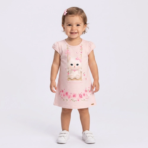 Vestido Infantil Menina Estampado Gatinha Upalôo
