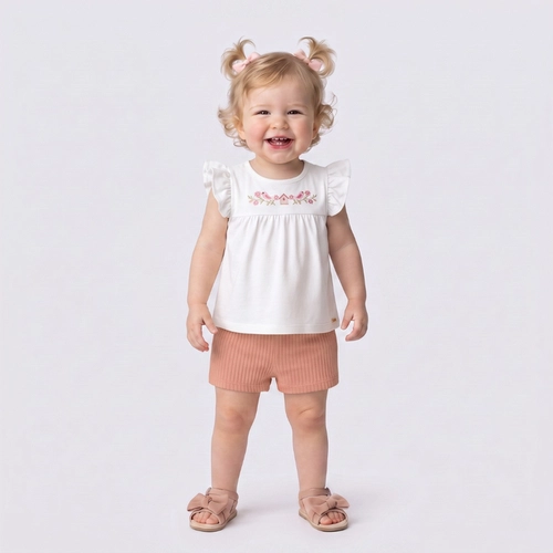 Conjunto Infantil Menina Shorts Canelado e Blusa Upalôo