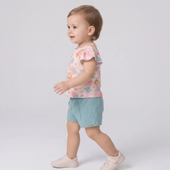 Conjunto Infantil Menina Blusa Floral E Shorts Upalôo
