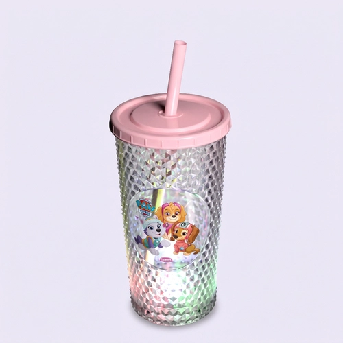 Copo Led Diamantado Com Tampa E Canudo Patrulha Canina Rosa 490ML