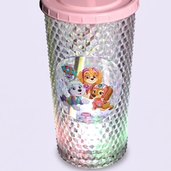Copo Led Diamantado Com Tampa E Canudo Patrulha Canina Rosa 490ML