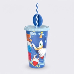 Copo Estampado Sonic Com Tampa E Canudo Pin 500ML